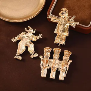 Vintage gold tone figural brooches set, clown and scarecrow pins for coat accessories