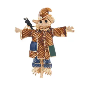 Vintage enamel scarecrow brooch with crow design, retro fashion pin for coat and jacket apparel.