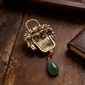 Vintage Flower Basket Brooch with Green Teardrop Tassel Retro Cheongsam Pin Accessory for Women