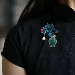 Vintage Enamel Blue Flower Vase Brooch Traditional Gourd Corsage for Cheongsam Hanfu
