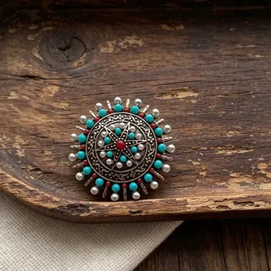 Broche Soleil Style Ethnique Tibétain Vintage Alliage Vieilli Turquoise Étoile Épingle Pour Femme Accessoire Vêtement Traditionnel