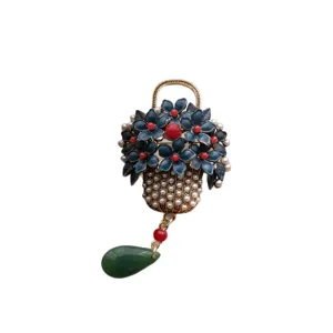 Vintage enamel flower basket brooch elegant tassel lapel pin for women cheongsam dress decor.