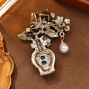 Vintage Chinese style cloisonne vase brooch with pearl pendant, elegant hanfu Qipao accessory gift.