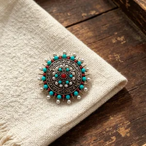 Broche soleil style ethnique tibétain vintage en alliage turquoise accessoire de mode