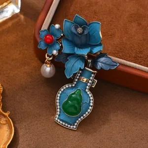 Vintage Chinese style enamel flower vase brooch traditional gourd lapel pin for hanfu cheongsam