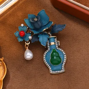 Vintage blue enamel flower vase brooch traditional gourd pearl pin for hanfu dress gift