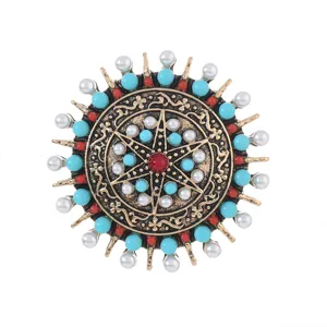 Broche soleil style ethnique tibétain alliage turquoise perle bijoux vintage femme