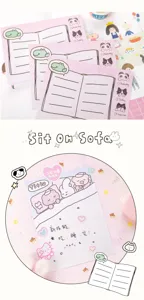 Cute pink memo pad detail shot, Korean style sticky notes with adorable cartoon illustrations.