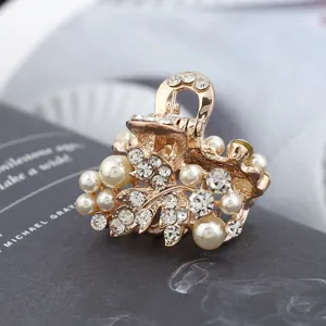 Vintage Alloy Flower Leaf Mini Hair Claw Clips With Artificial Pearl Rhinestone Korean Fashion Small Hair Clips For Women