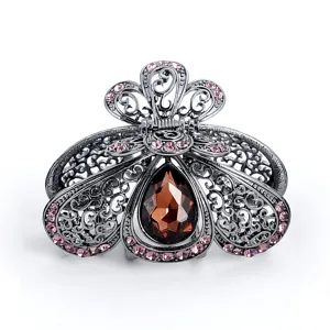 Pinza per Capelli Vintage in Lega Nero Canna di Fucile Intagliata con Strass Forma a Goccia d'Acqua Ventaglio Donna Gioielli