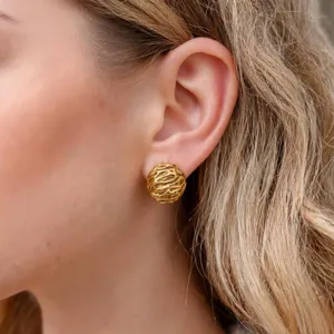 Vintage textured gold metal dome earrings for women, minimalist fashion statement jewelry.