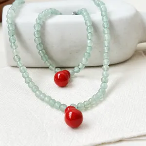 New Chinese Vintage Green Aventurine Beaded Necklace For Women Red Gourd Pendant Luxury Sweater Chain Minimalist Clavicle Necklace Jewelry Gift