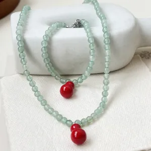 Green Aventurine Bead Gourd Pendant Necklace Bracelet Set Chinese Style Elegant Jewelry