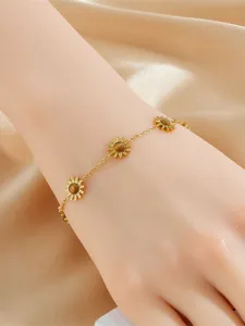 Edles Sonnenblumen Armband aus Edelstahl mit braunem Stein, eleganter goldener Armschmuck.