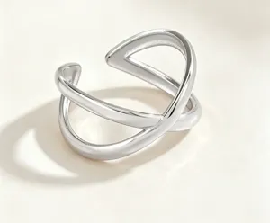 Closeup view of the stylish minimalist stainless steel adjustable cross ring detail.