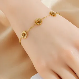 Elegantes goldenes Edelstahl Sonnenblumen Ketten Armband, modischer zarter Blumenschmuck Damen.
