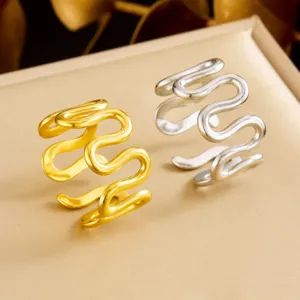 Ins Style Wave Stainless Steel Ring For Women Gold Silver Plated Minimalist Open Adjustable Band Ring Fashion Jewelry Finger Gift