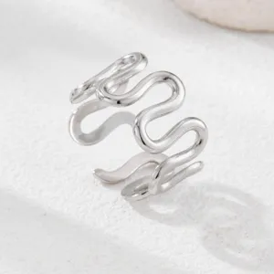 Stainless steel wave open ring for women, stylish modern geometric minimalist silver jewelry.
