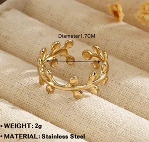 Gold stainless steel leaf open ring, minimalist twig design, chic daily jewelry accessory.