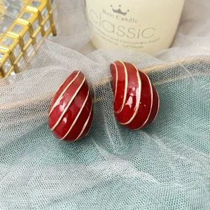 Rote Emaillierte Tropfen Ohrringe mit Goldlinien, geometrisches Design Damen Schmuck chic