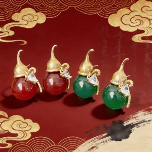 Ethno Stil Gourd Ohrringe Rot Grün Achat Kupferlegierung 925 Silber Stift Vintage Inlaid Zirkonia Schmuck Für Damen