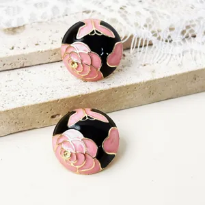 Vintage rosa schwarze Emaillierte Blumen Ohrstekers mit Gold Rand 925 Silber Nadel sieraden