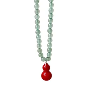 Aventurine jade gourd pendant necklace, elegant green beaded chain with red charm for women.