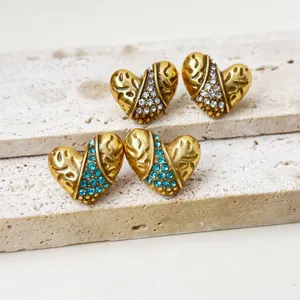 Vintage Herz Ohrstecker Gold-Vergoldete Legierung Strass Ohrringe Mit 925 Sterling Silber Ohrstecker-Stift Für Damen Schmuck