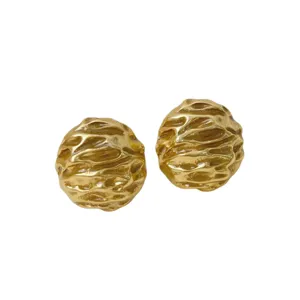 Vintage textured gold metal button earrings for women, minimalist luxury fashion jewelry.