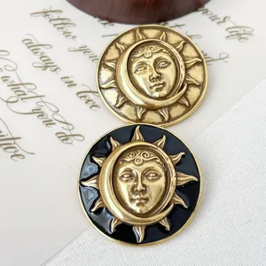 Vintage sun moon face relief metal brooch pins set, elegant celestial badge for coat suit and bags detail view.