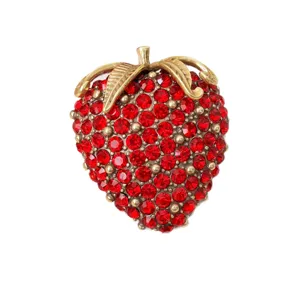 Vintage red rhinestone strawberry brooch pin with gold tone leaves for women fashion jewelry