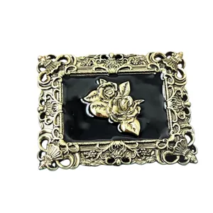 Vintage rose relief brooch, European court style metal accessory with black enamel decor.