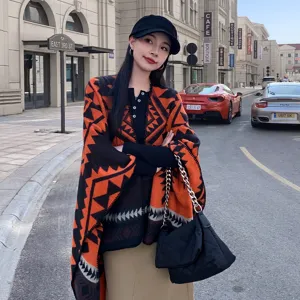Dames Winter Warm Acryl Imitatie Kasjmier Mantel Retro Etnisch Geometrische Print Split Sjaal Wrap Sjaal Bovenkleding