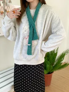 Sciarpa stretta in maglia verde retrò coreana da donna, collo in lana incrociato caldo autunno.