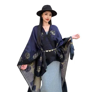 Vrouwen retro gespleten sjaal cape mode warme imitatie kasjmier winter bovenkleding