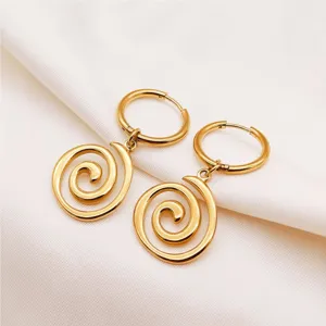 Gold stainless steel spiral hoop earrings, minimalist geometric dangle drop jewelry for women.