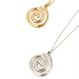 Close-up detail shot of minimalist spiral swirl circle pendant necklaces in gold and silver finish.