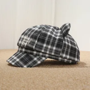 Gorra de cuadros blanco y negro mujer orejas de gato, sombrero bordado otoño invierno.