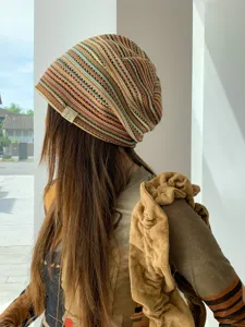 Retro colorful striped knitted slouchy hat for women, stylish spring and summer breathable beanie.