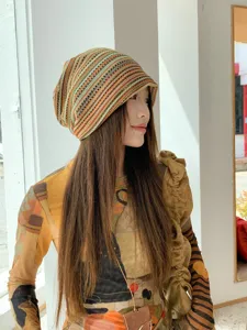Retro striped knit beanie for women, stylish slouchy hat, casual spring summer headwear.