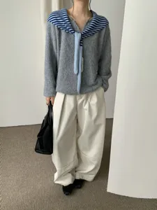 Korean winter stylish wool knit sweater with chic striped scarf detail shot fashion women apparel
