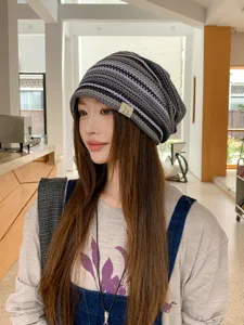 Retro striped knit slouchy beanie hat for women, fashionable versatile spring summer casual cap.