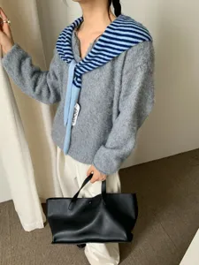 Korean winter knit sweater with striped scarf shawl detail, cozy wool blend top for women.