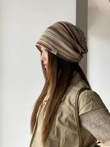 Vintage striped knit beanie for women, casual soft slouchy hat, spring summer headwear fashion accessory.