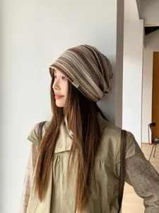 Retro striped knit beanie hat for women, spring summer casual slouchy head wrap cap stylish.