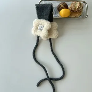 Plush strap earmuffs winter warm ear cover grey knitted white flower plush detail design