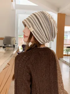 Retro striped knit slouchy hat for women, perfect for spring and summer, lightweight and stylish.