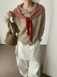Korean winter women knit cardigan with stylish striped scarf and fluffy handbag trendy outfit