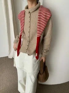 Winter wool knit cardigan with striped scarf ribbon layered skirt chic women apparel detail