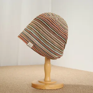 Retro striped knitted beanie hat for women, spring summer fashion casual slouchy cap breathable.